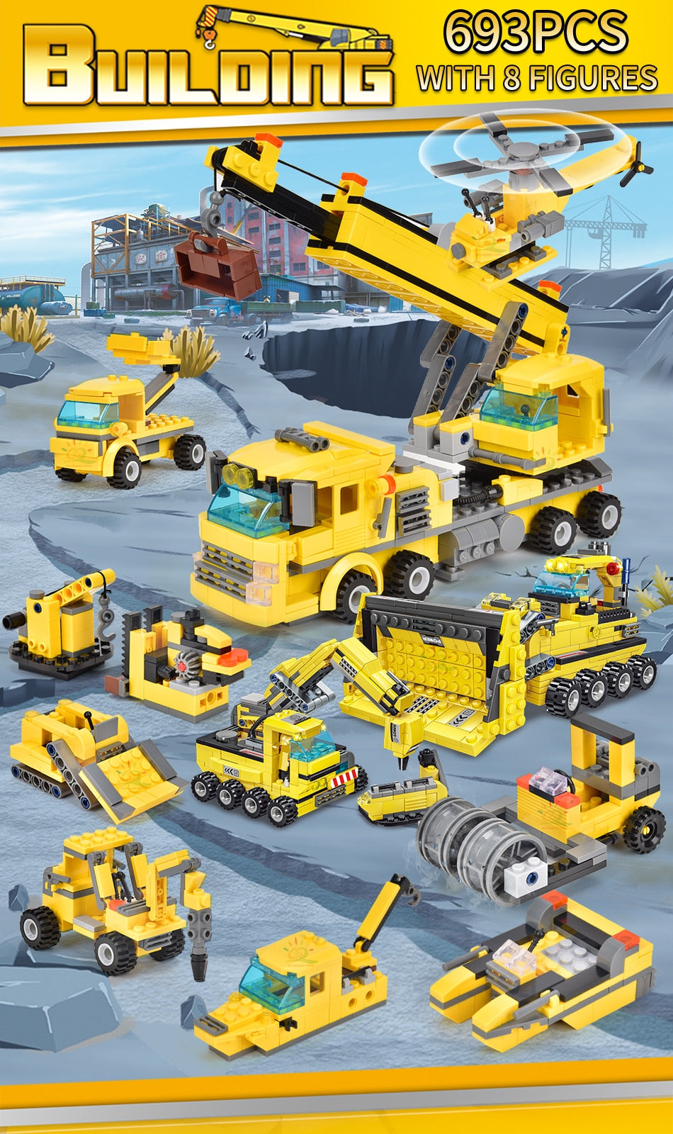 Riesiges Set Konstruktionsspielzeug „Baustelle“ für Kinder: Klemmbausteine mit LKW-Kran, Bulldozer, Hubschrauber, Walze & mehr!